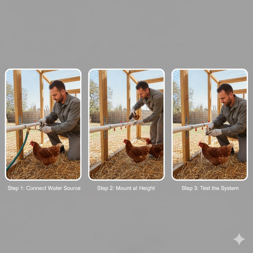 Step-by-step installation of an automatic chicken waterer in a backyard coop