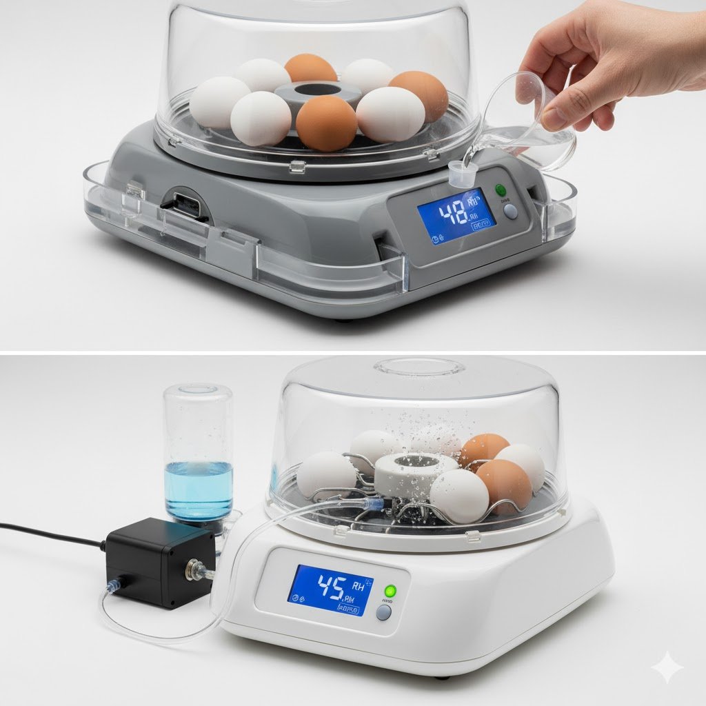 Two images showing manual water tray versus automatic humidity pump system in incubators