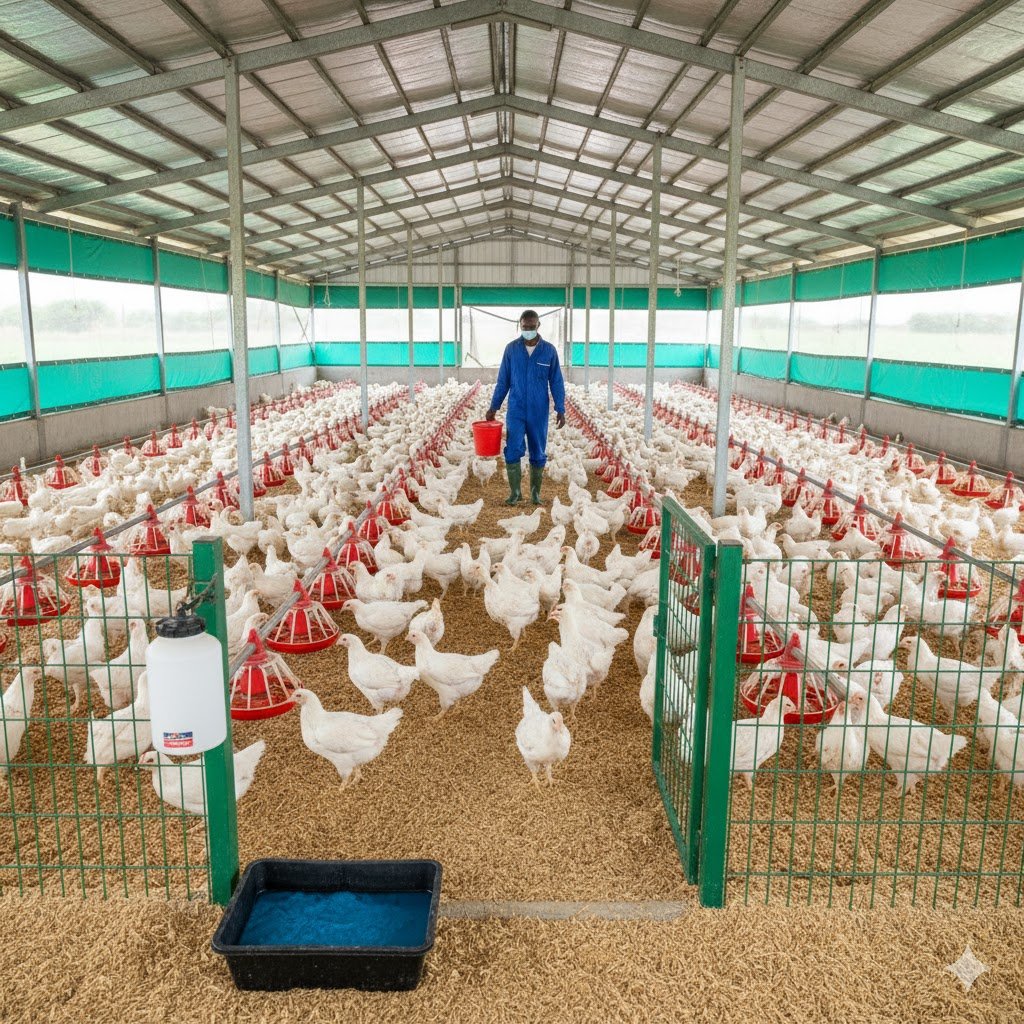 Clean, well-ventilated modern poultry house with healthy broiler chickens, automated feeding systems, and proper biosecurity measures in Nigeria