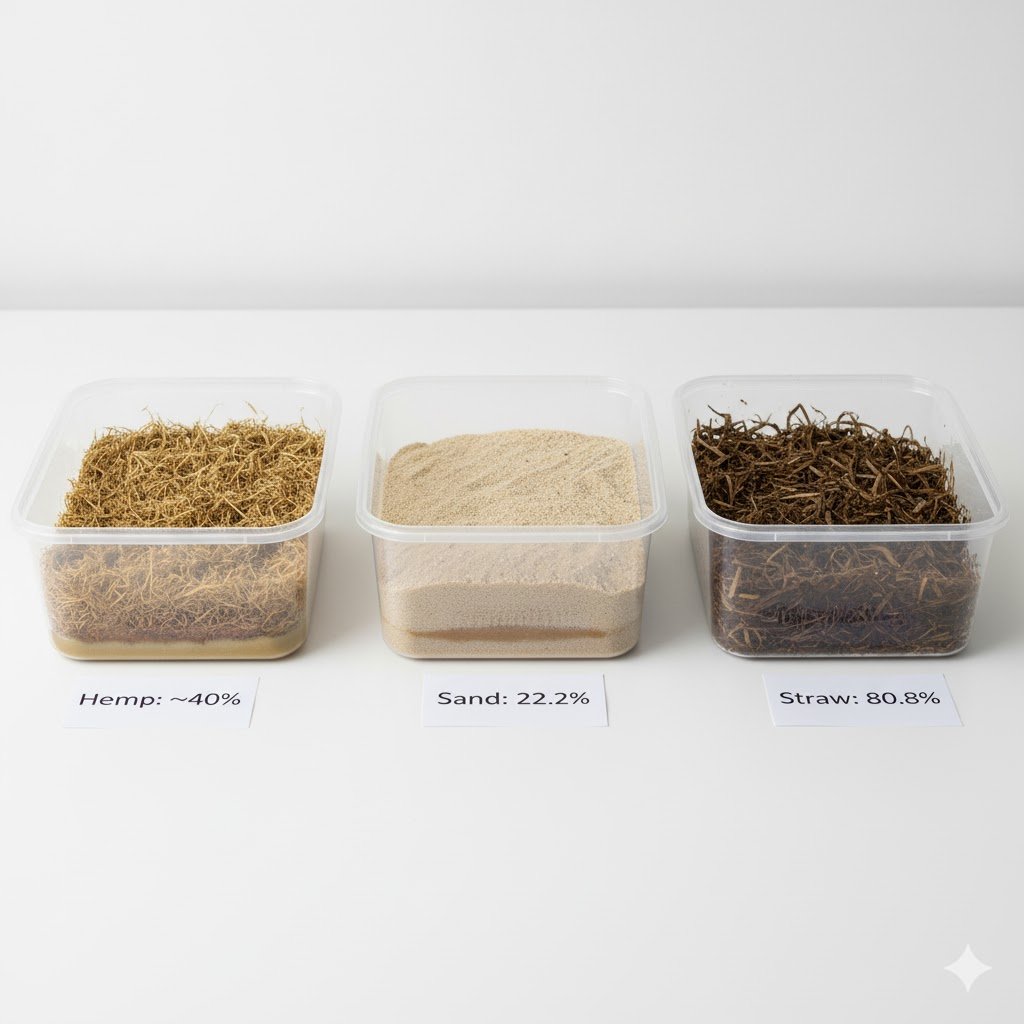Visual demonstration of moisture retention showing wet straw versus dry hemp bedding and sand after 48 hours