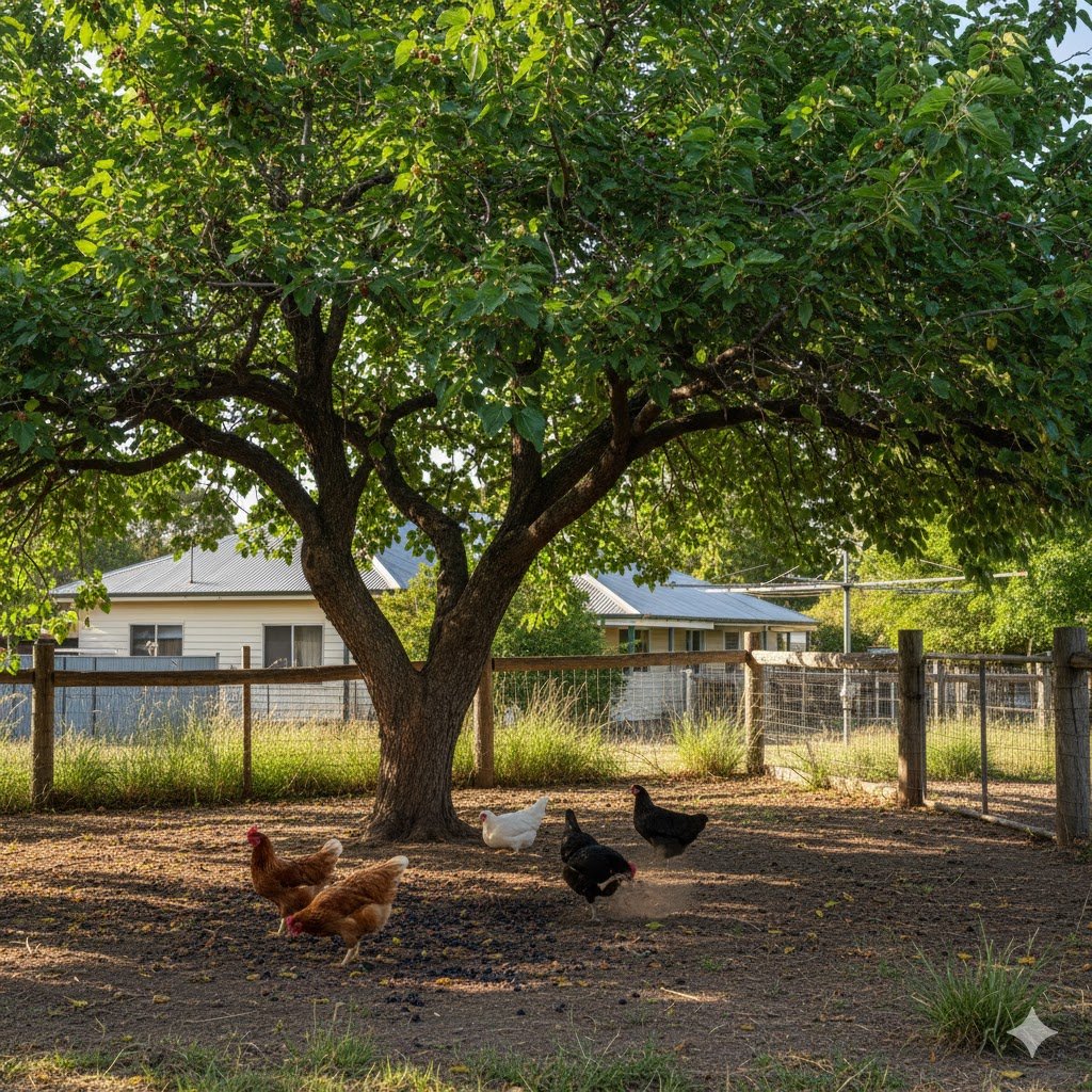 Large deciduous mulberry tree providing dappled shade over chicken run with chickens pecking at fallen berries