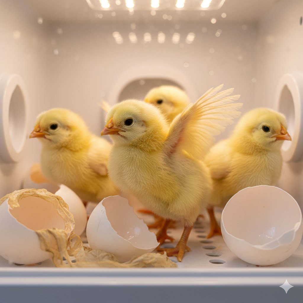 Fluffy yellow baby chicks standing inside incubator with broken eggshells
