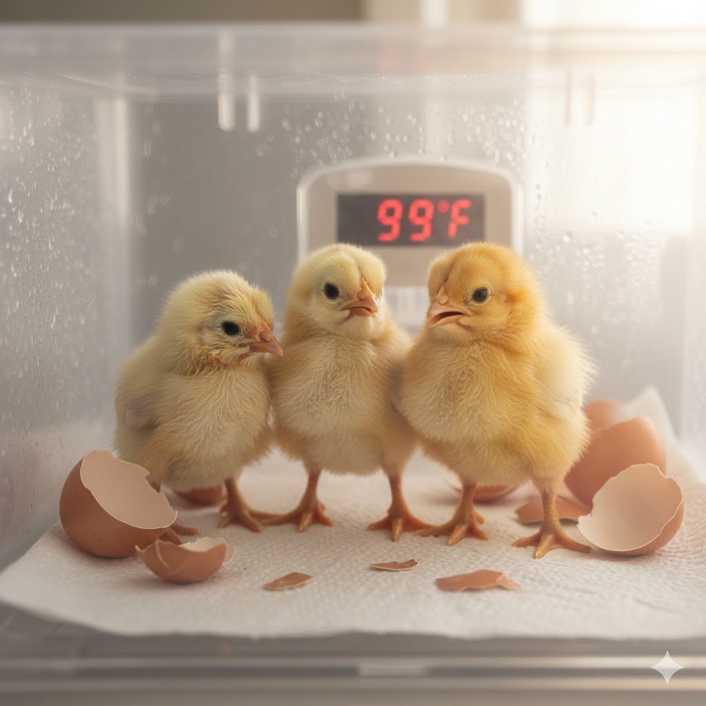 Three fluffy day-old baby chicks drying in incubator after successful hatch with empty eggshells nearby