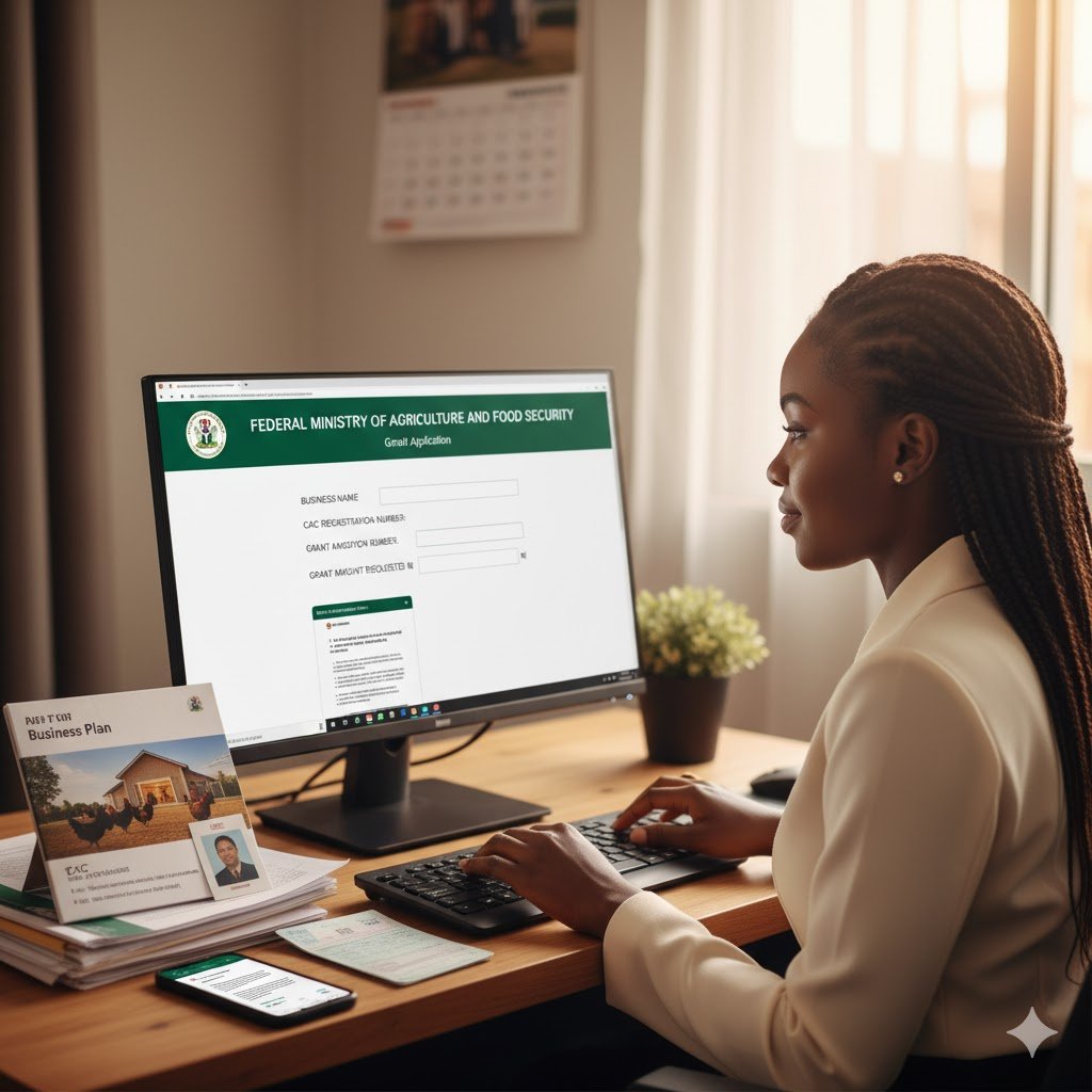 Young Nigerian entrepreneur filling out digital grant application form on computer with supporting documents and business plan nearby