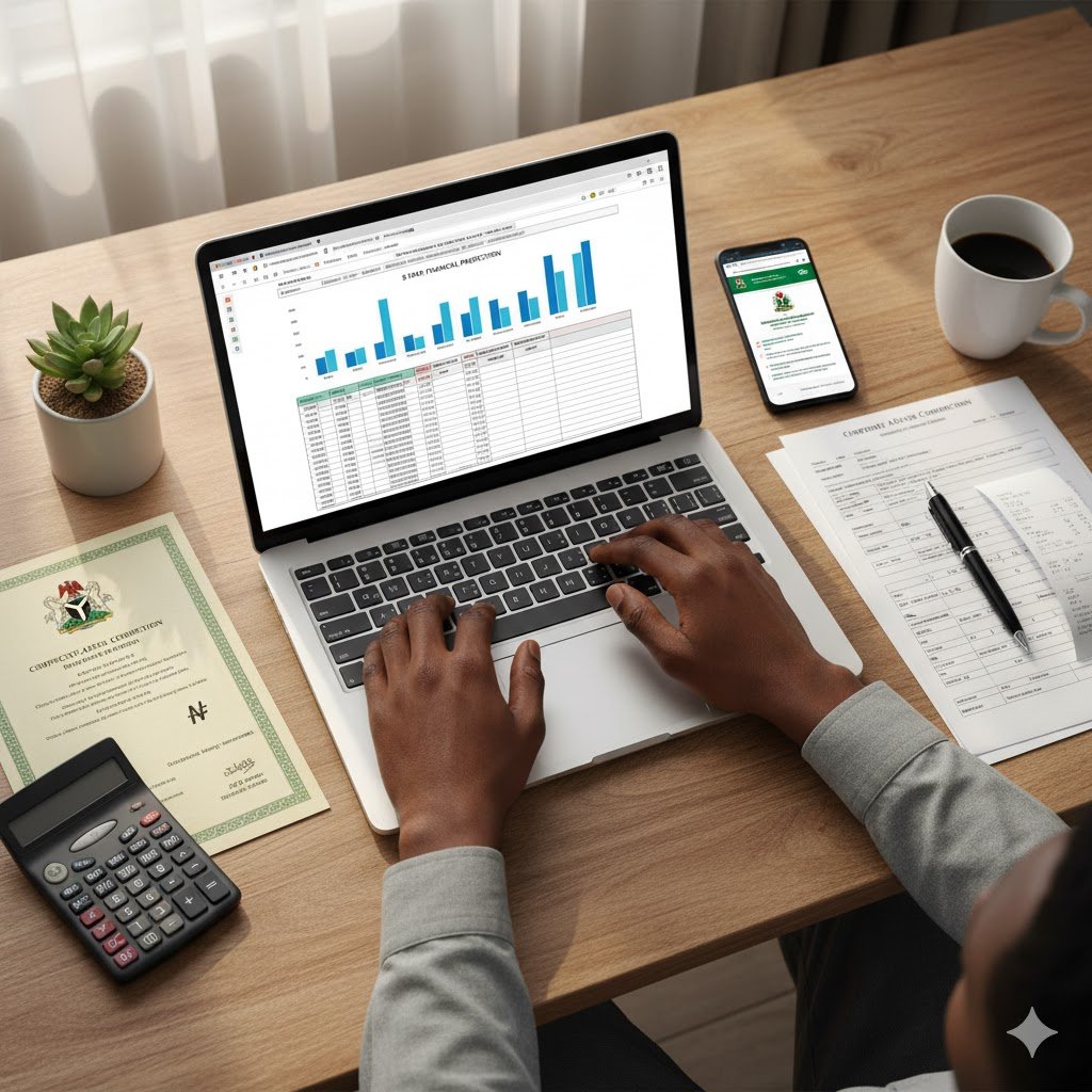 Nigerian poultry farmer working on laptop creating business plan with financial projections and CAC registration documents on desk