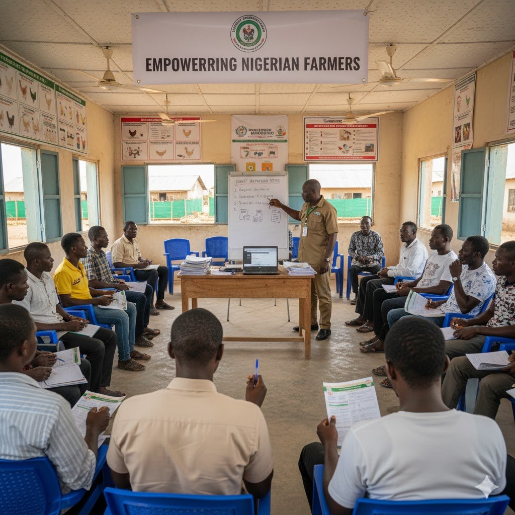 Group of Nigerian poultry farmers in training workshop learning about agricultural grants and cooperative farming benefits with instructor