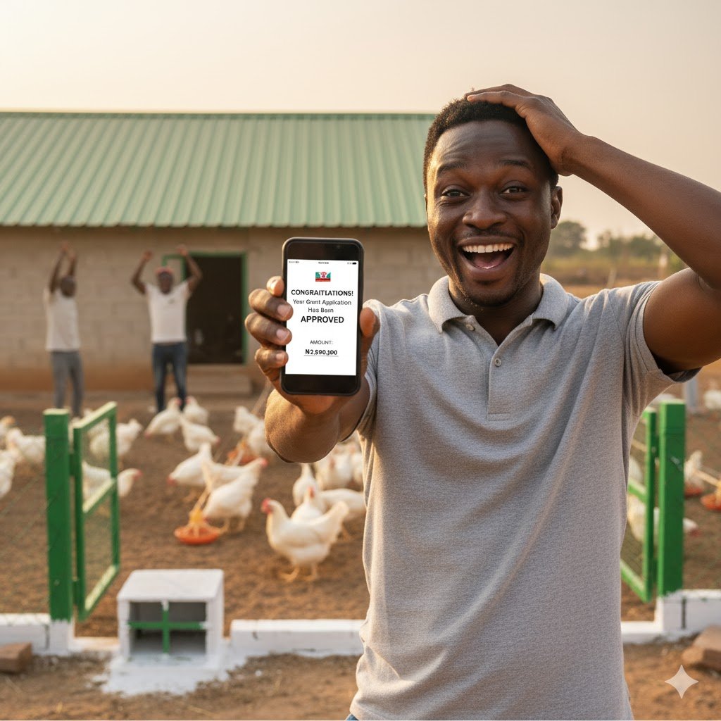Excited Nigerian farmer reading grant approval email on smartphone at poultry farm showing success in agricultural funding application