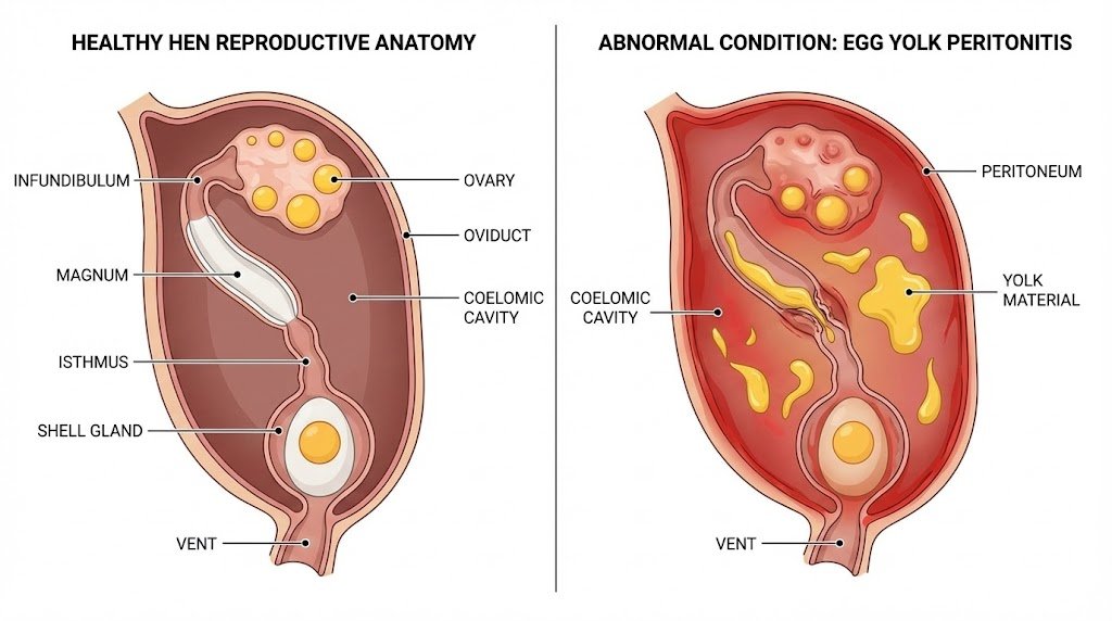 Medical diagram comparing healthy chicken reproductive tract with normal egg path versus egg yolk peritonitis showing yolk material in coelomic cavity, labeled anatomical illustration for veterinary education