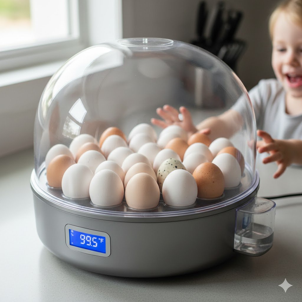 Nurture Right 360 incubator with transparent dome showing eggs from all angles