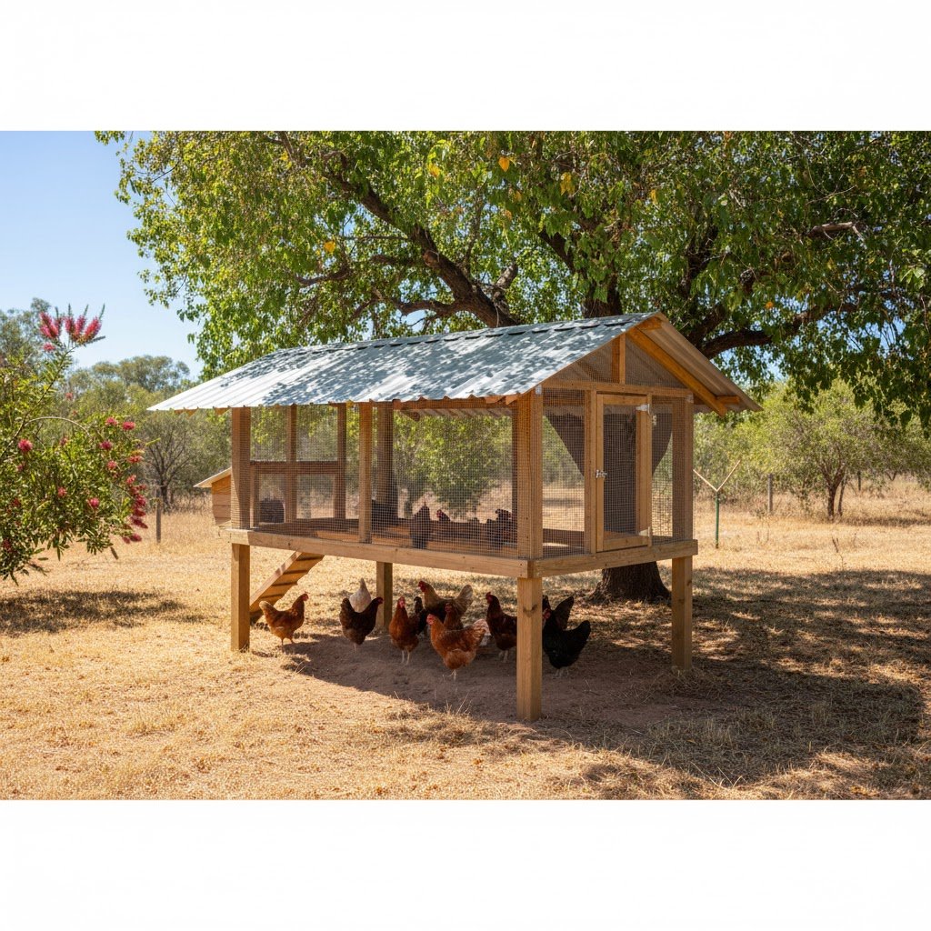 Elevated open-air chicken coop with mesh walls and a wide metal roof in an Australian backyard
