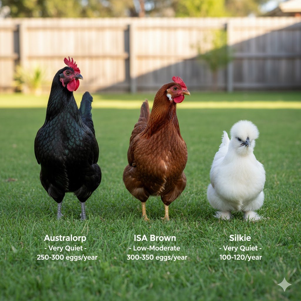 australian chicken breeds comparison showing australorp isa brown and silkie chickens for backyard keepers