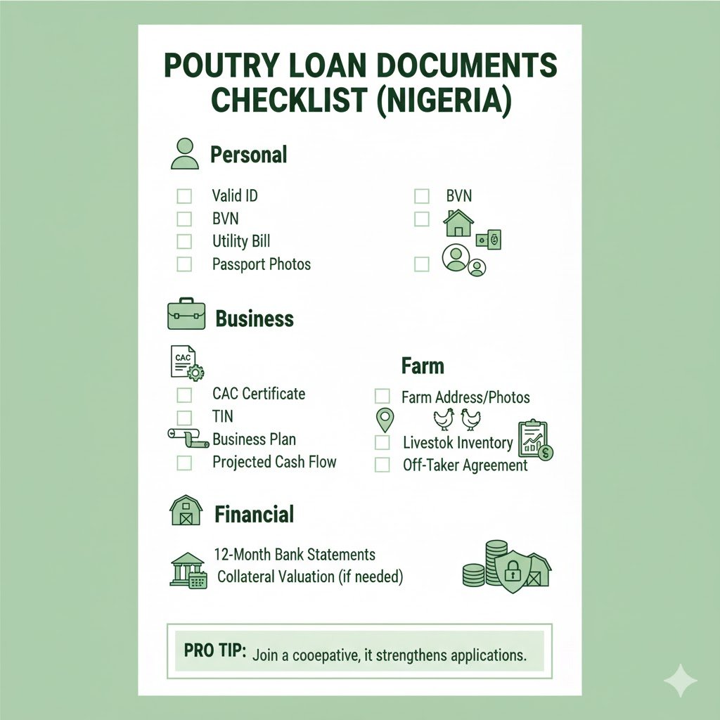 Illustrated checklist of Nigerian poultry loan documents: ID, BVN, CAC, bank statements, cash flow, off‑taker, collateral valuation.