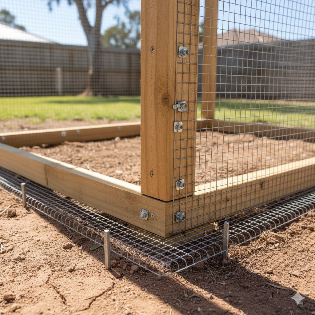 Close-up of hardware cloth mesh and a buried mesh apron around a chicken coop