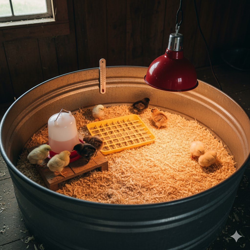 Well-equipped chicken brooder with heat lamp, waterer, feeder, and pine shavings bedding for day-old chicks