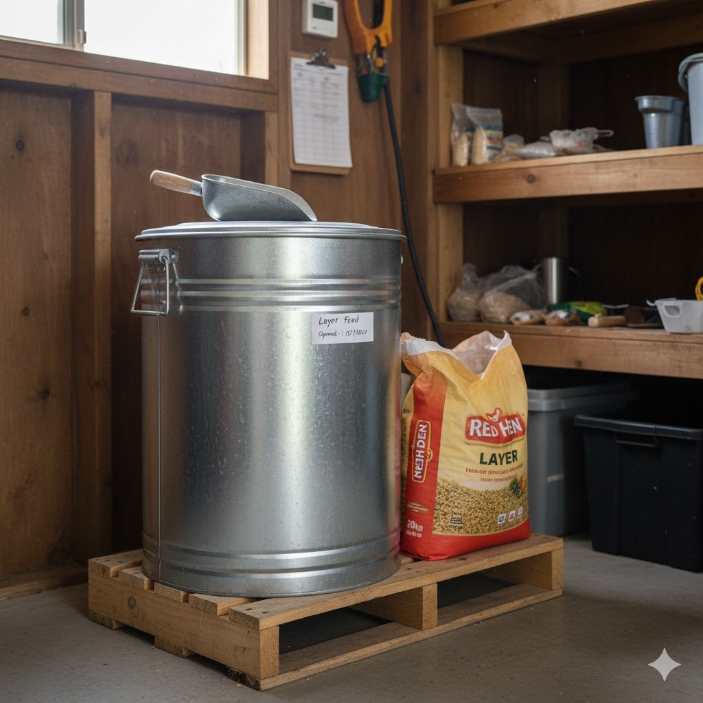 Metal galvanized feed bin with secure lid next to 20kg bag of Red Hen Layer feed in clean, organized shed with labels and scoop
