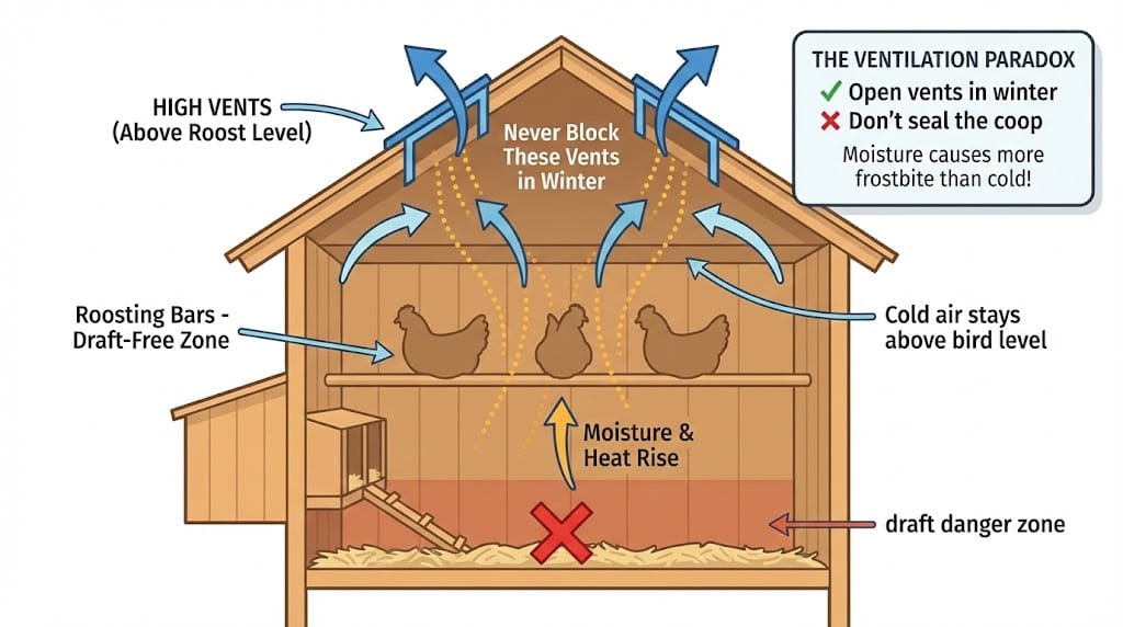 Cross-section diagram of chicken coop showing correct ventilation placement near roof peak above roosting bars with arrows indicating air flow, preventing drafts on sleeping chickens in winter