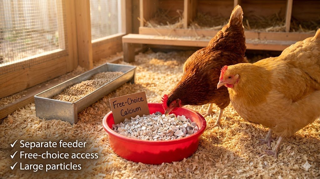 Backyard chicken coop showing red feeder bowl filled with crushed oyster shell placed separately from main layer feed allowing hens to self-regulate calcium intake for strong eggshells