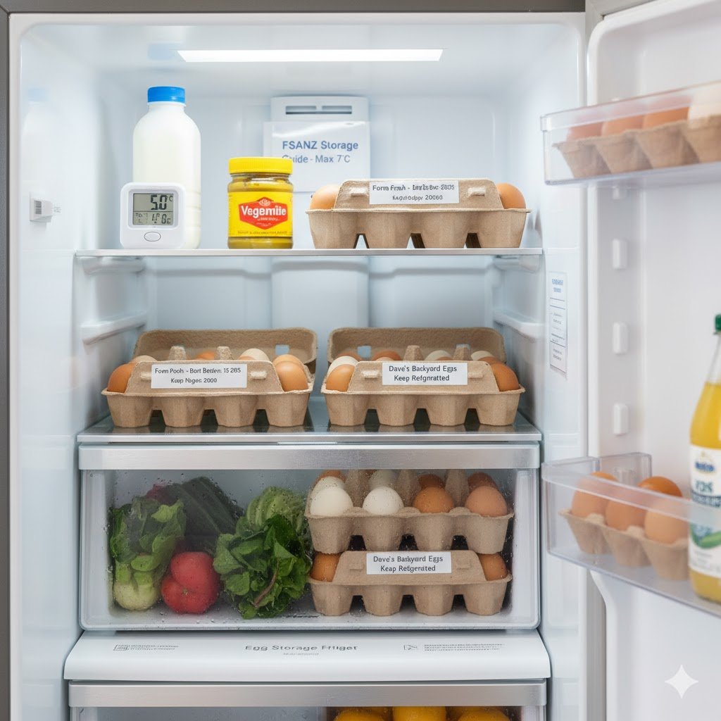 Fresh Australian backyard eggs stored correctly in refrigerator at 7 degrees Celsius in labeled cartons pointy-end down