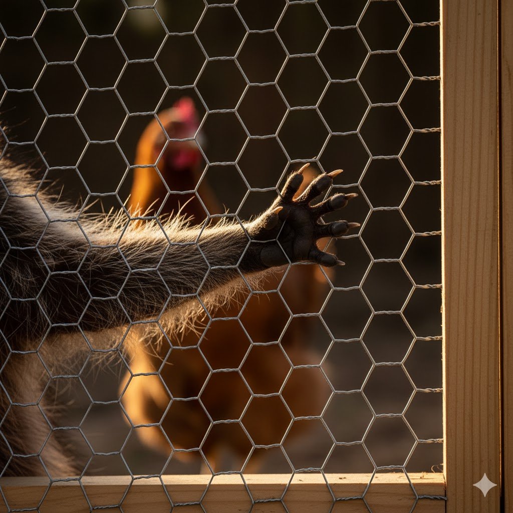 Educational diagram showing raccoon paw and claws reaching through large chicken wire opening toward chicken, demonstrating why chicken wire fails at predator protection