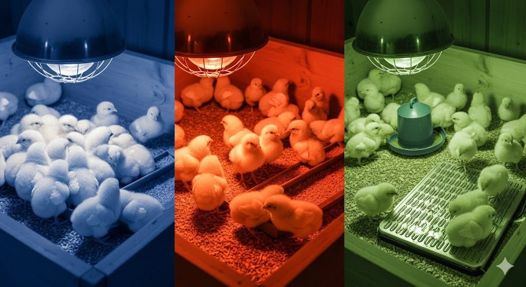 Three panels showing baby chick behavior indicating too cold, too hot, and ideal temperature in winter brooder setup