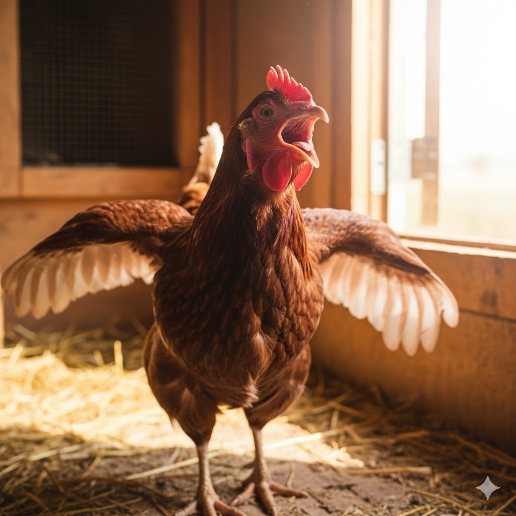 Close-up of a panting chicken with wings held out, showing signs of heat stress