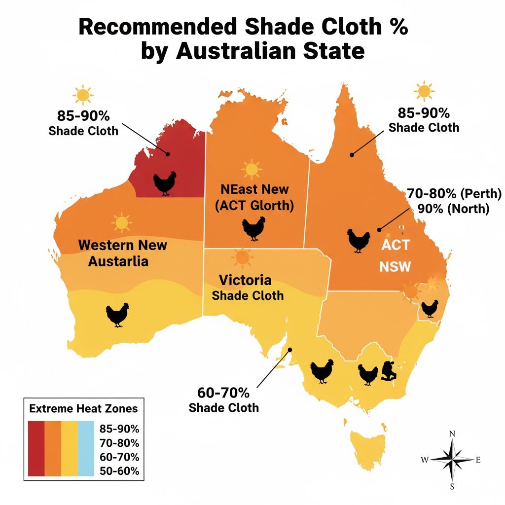 Map of Australia showing recommended shade cloth percentages by state: 90% for QLD/NT, 80% for NSW/SA/WA, 70% for VIC, 60% for TAS