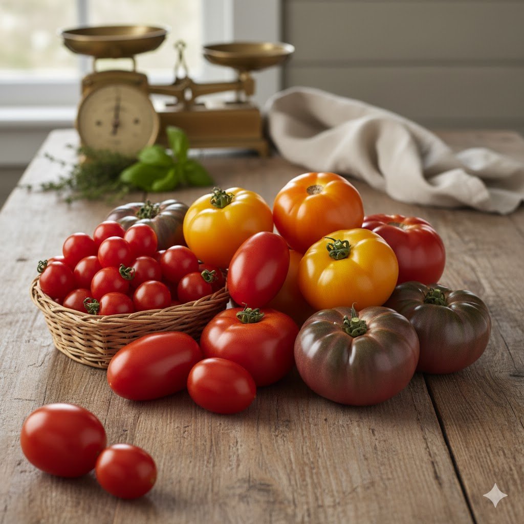 Variety of ripe tomatoes including red cherry yellow orange and heirloom tomatoes all safe for chickens when fully ripe