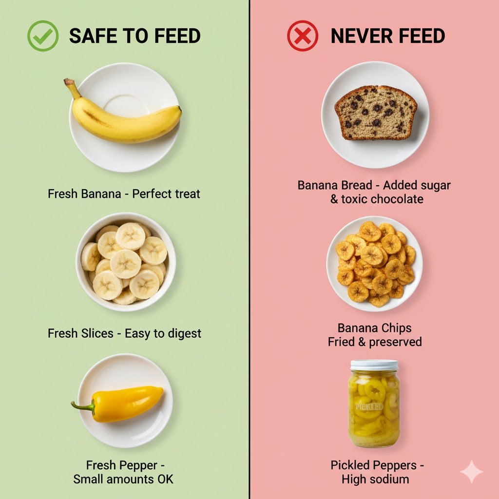 Comparison showing safe fresh bananas with green check versus unsafe banana bread and banana chips with red X marks