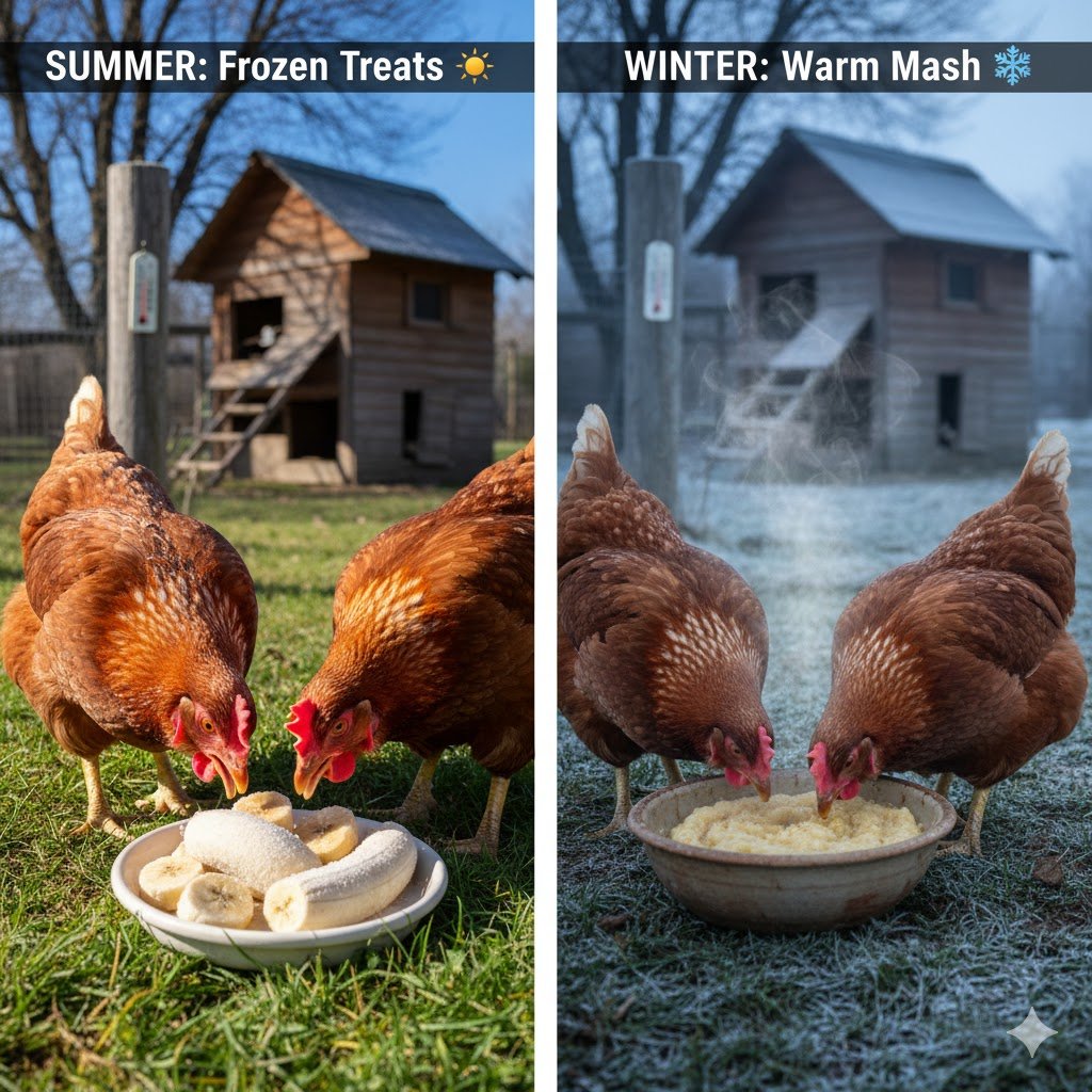 Split image comparing frozen banana treat on hot summer day versus warm banana mash in winter snow for chicken feeding