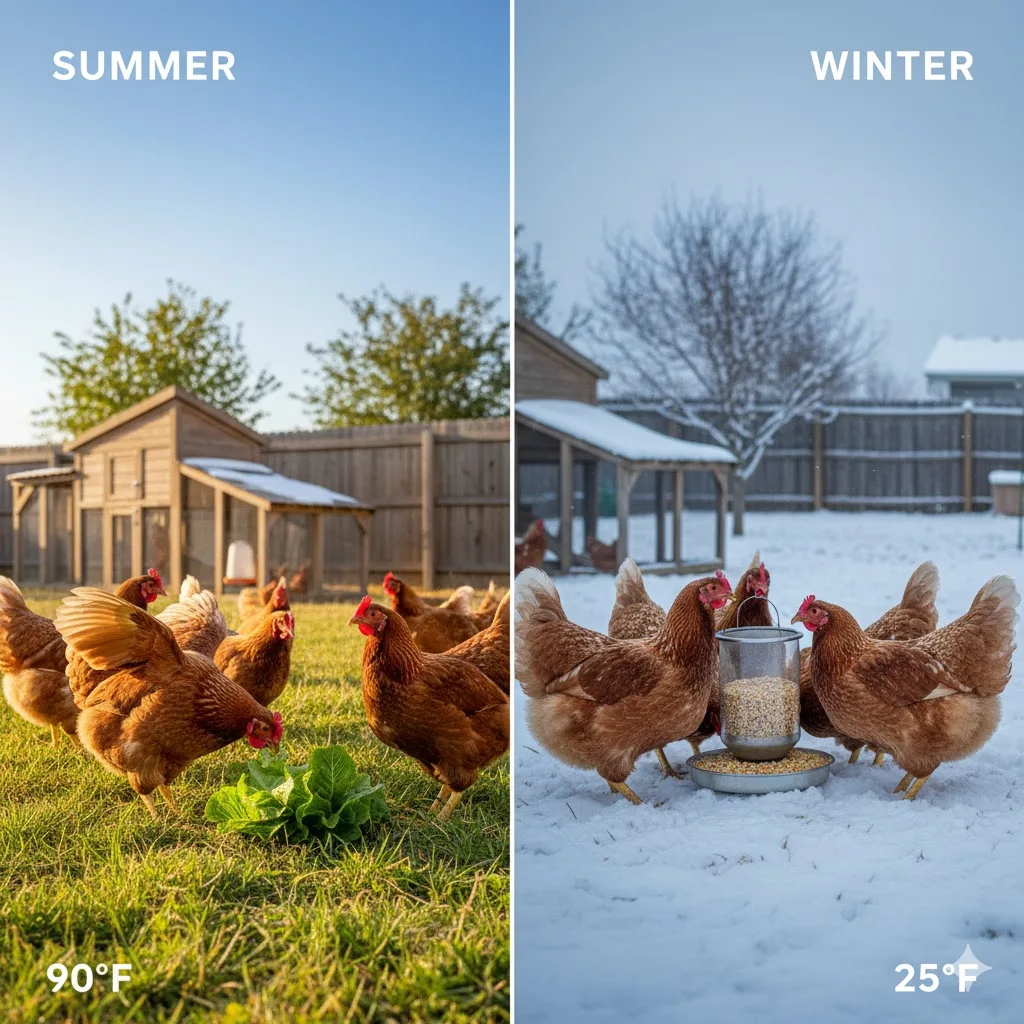 Split image showing chicken feeding practices in summer with fresh lettuce and winter with chickens in snow