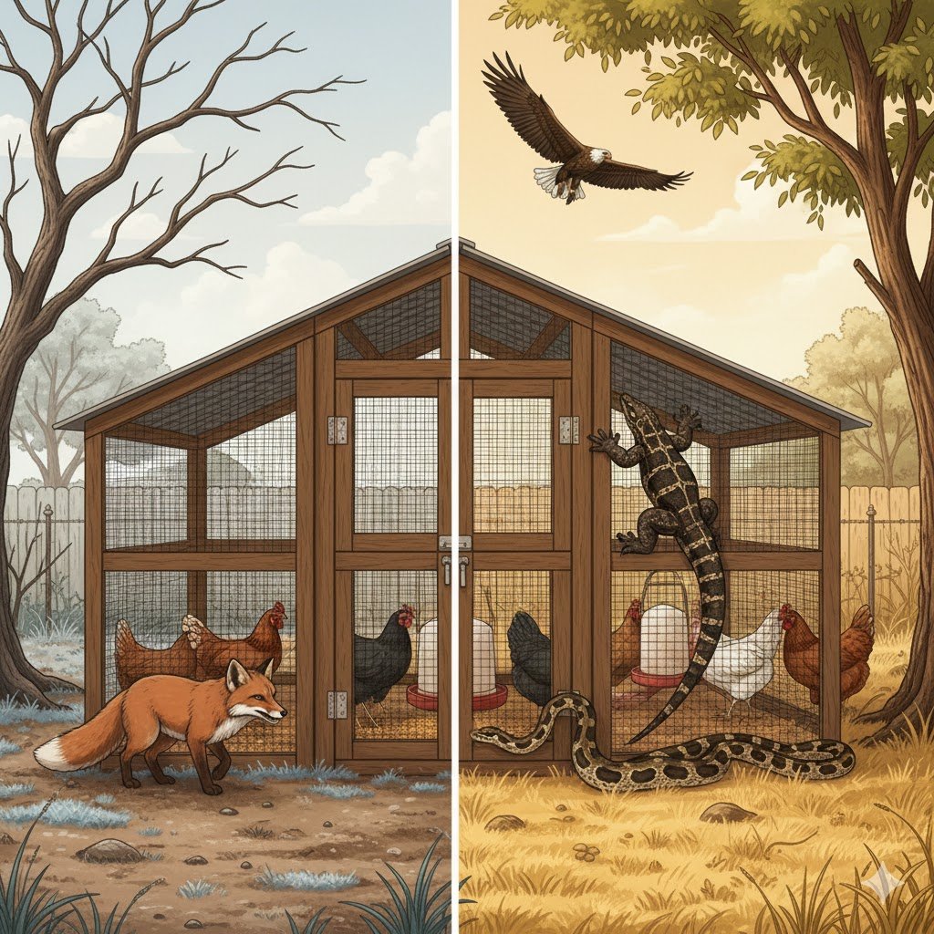Australian backyard with chickens, showing foxes in winter and goannas, snakes, and birds of prey in summer