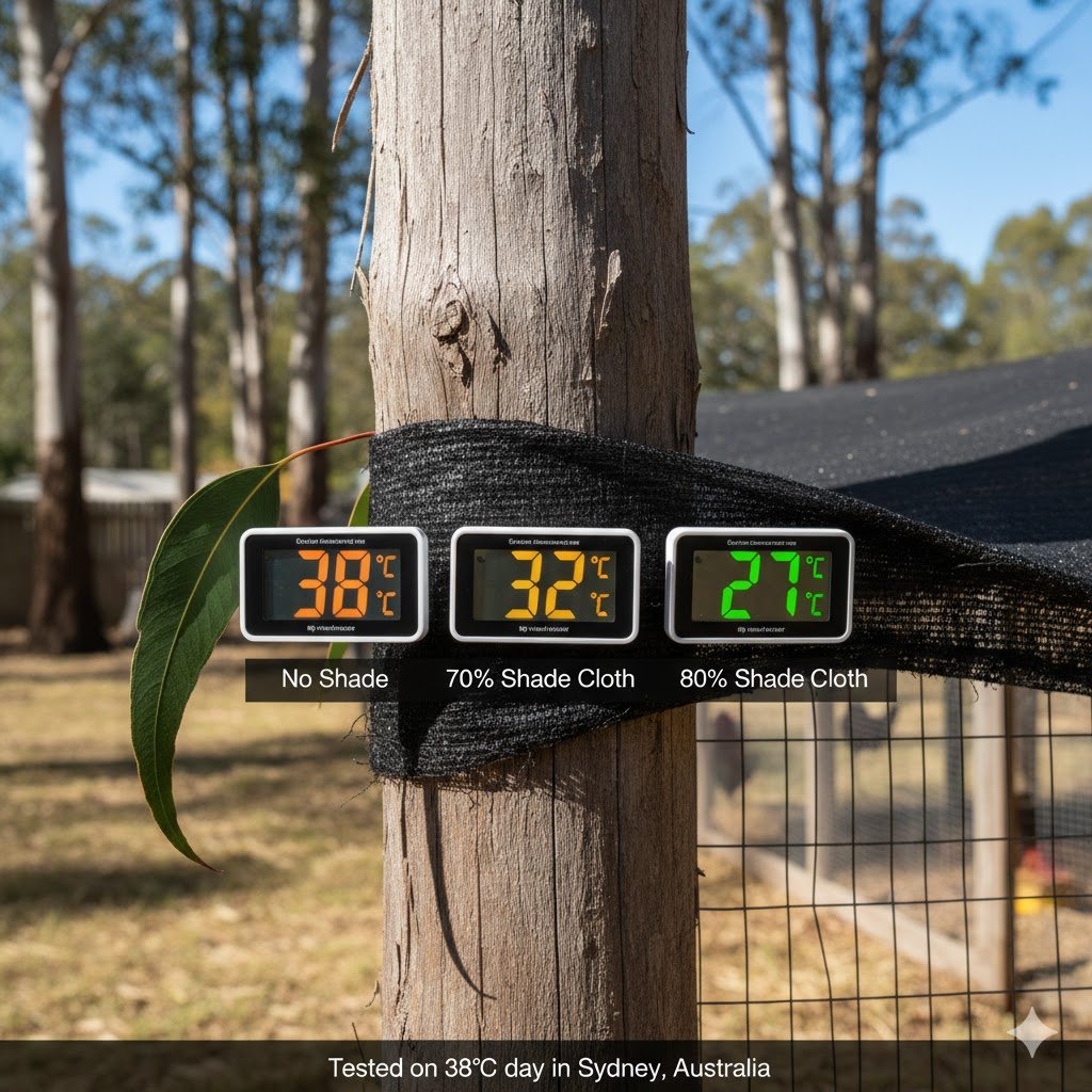 Temperature reduction comparison showing 40%, 70%, and 80% shade cloth effectiveness in Australian summer heat with three thermometers