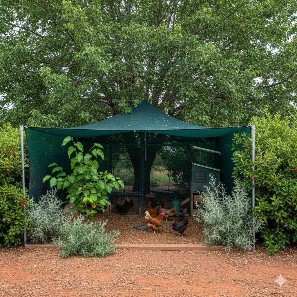 Chicken coop covered with shade cloth and surrounded by mulberry and saltbush plants