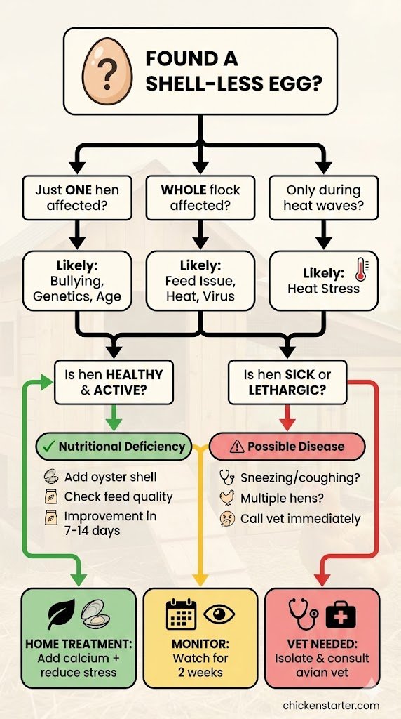 Decision tree flowchart diagram helping chicken keepers diagnose whether soft shell eggs are caused by calcium deficiency stress factors or infectious disease based on hen behavior flock patterns and symptoms