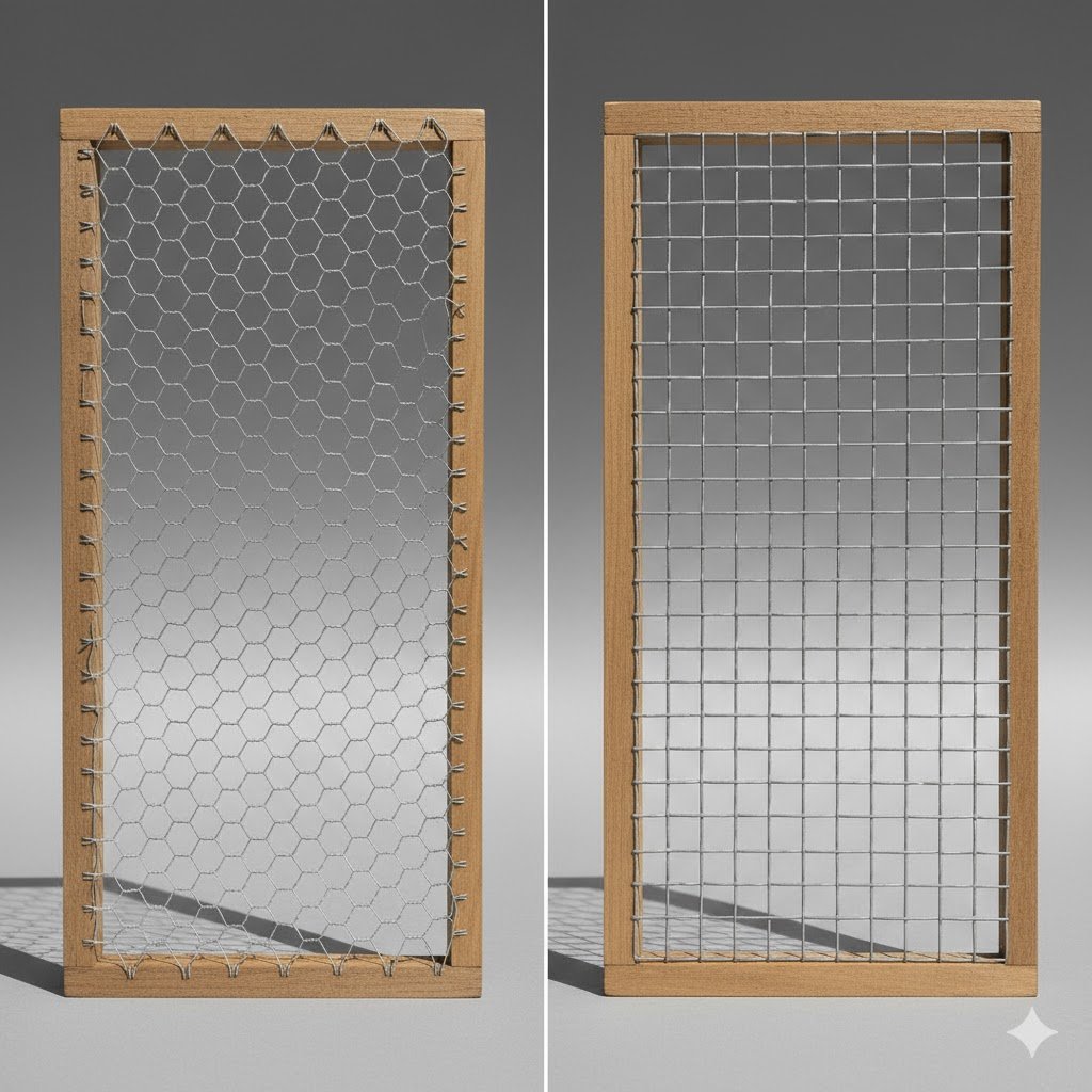 Split comparison image showing flimsy hexagonal chicken wire on left versus strong welded hardware cloth on right, demonstrating structural differences