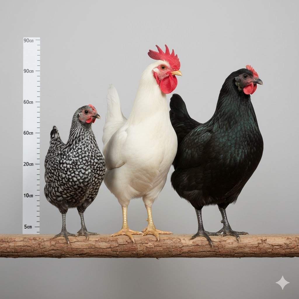 Three heat-tolerant Australian chicken breeds shown side by side - small Hamburg, medium Leghorn, and large Australorp with size comparison scale