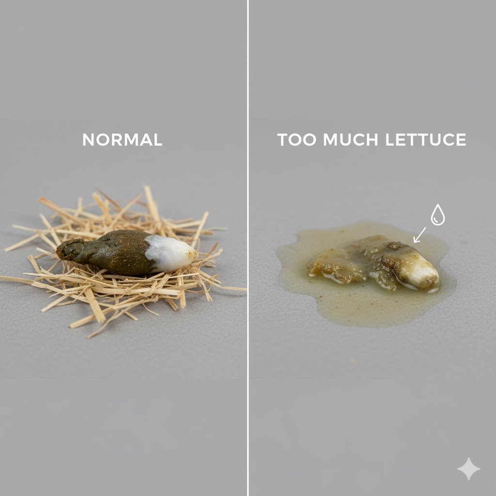 Comparison showing normal chicken droppings versus watery droppings from too much lettuce
