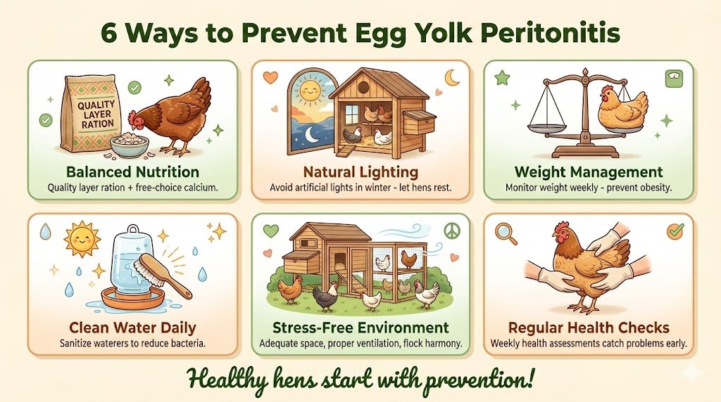 Infographic showing six prevention strategies for egg yolk peritonitis: proper nutrition and calcium, natural lighting patterns, weight management, water sanitation, stress reduction, and regular health monitoring with illustrated chickens