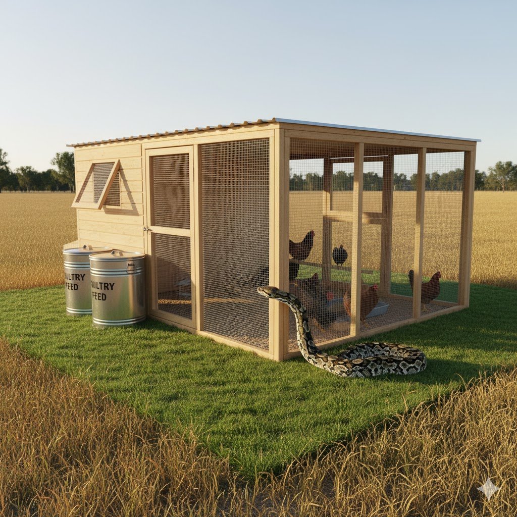 Chicken coop in Australia with 10mm welded wire mesh, clean buffer zone, and metal feed bins for snake prevention
