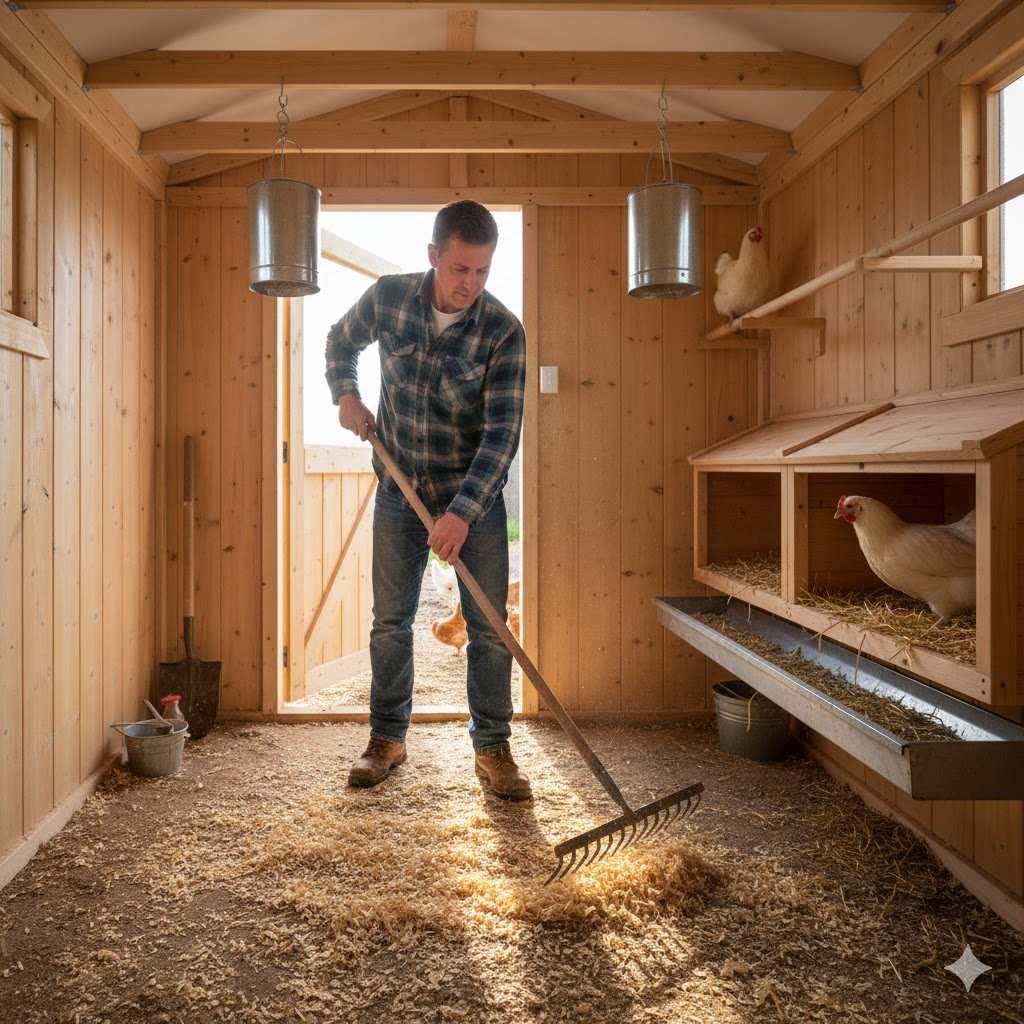 Person standing upright inside a walk-in chicken coop using a rake to clean bedding, demonstrating comfortable 180cm+ standing height.