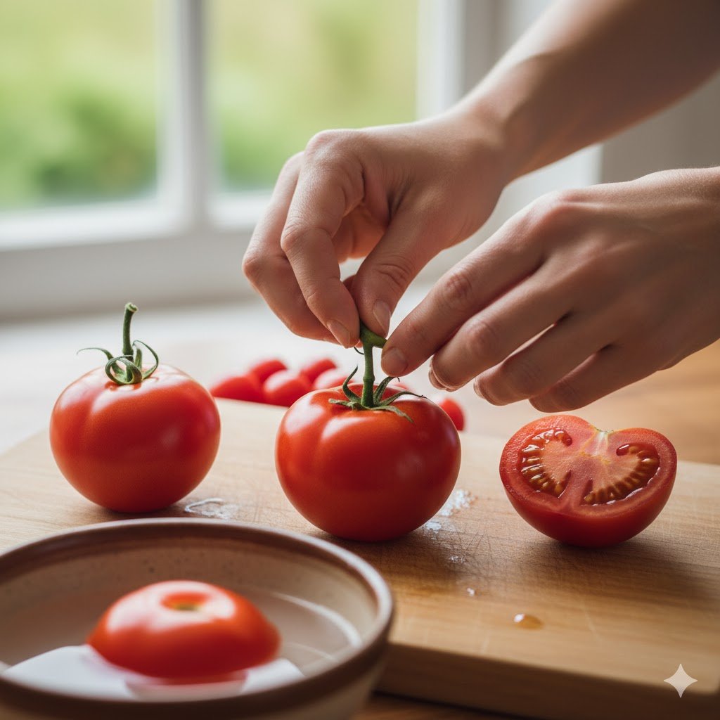 Hands removing green stem from ripe red tomato showing proper preparation steps for feeding chickens safely