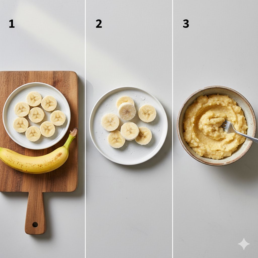 Side-by-side comparison showing fresh banana slices, frozen banana rounds, and mashed banana in bowl for chicken feeding