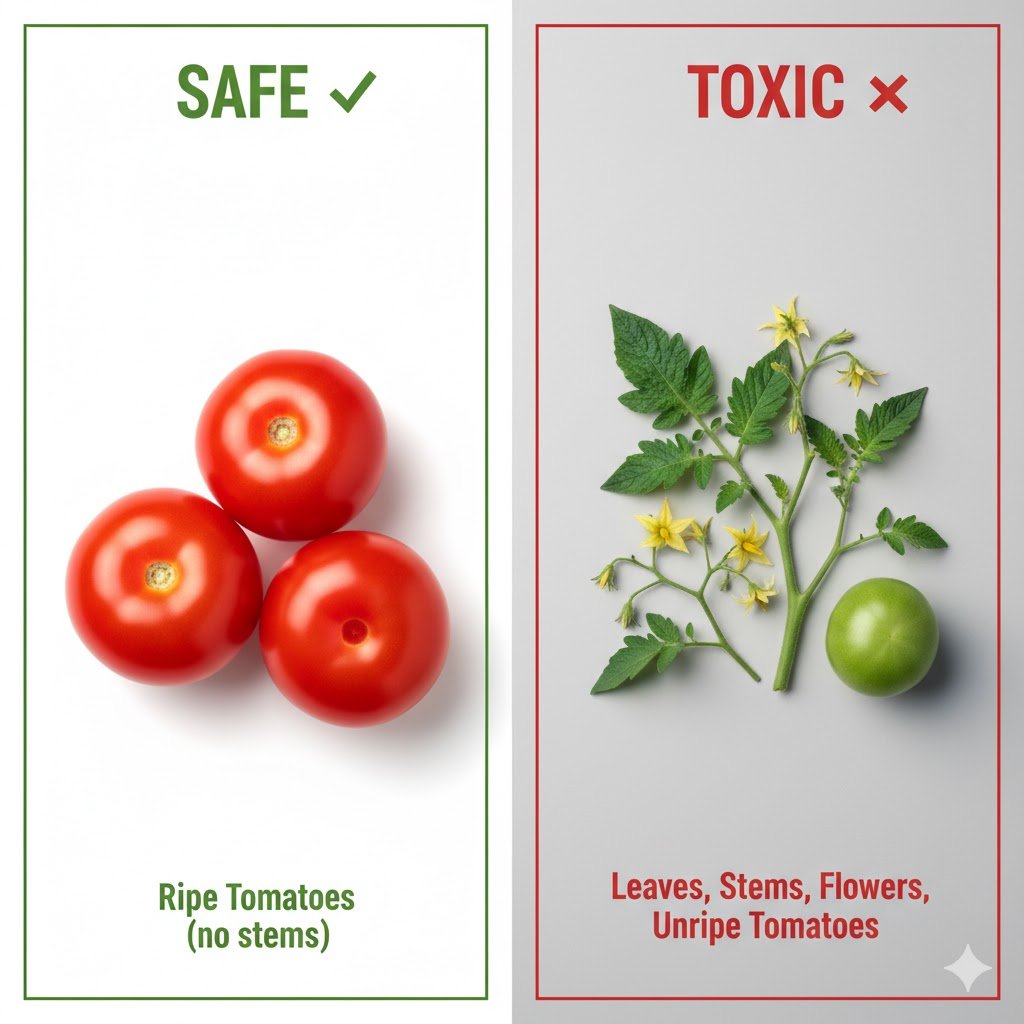 Infographic showing safe ripe tomato versus toxic tomato leaves stems and green unripe tomatoes for chicken safety