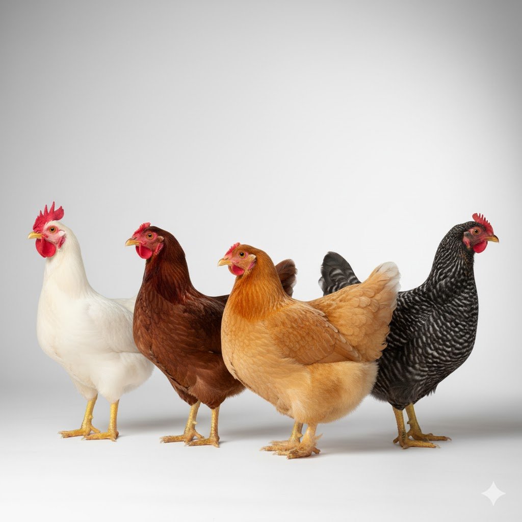 Side by side comparison of White Leghorn, Rhode Island Red, Buff Orpington, and Plymouth Rock chickens showing breed differences