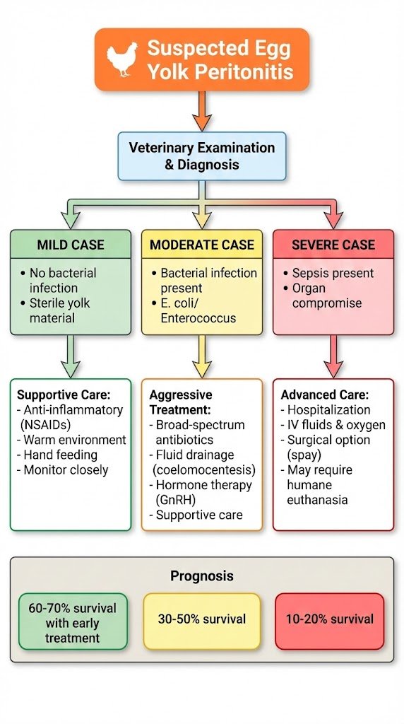 Veterinary flowchart diagram showing treatment pathways for egg yolk peritonitis based on severity: mild cases require supportive care, moderate cases need antibiotics and drainage, severe cases may require surgery or humane euthanasia
