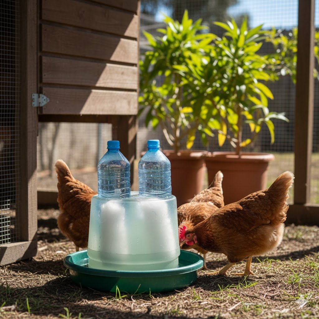 Large frozen water bottles placed inside a chicken waterer to keep water cool
