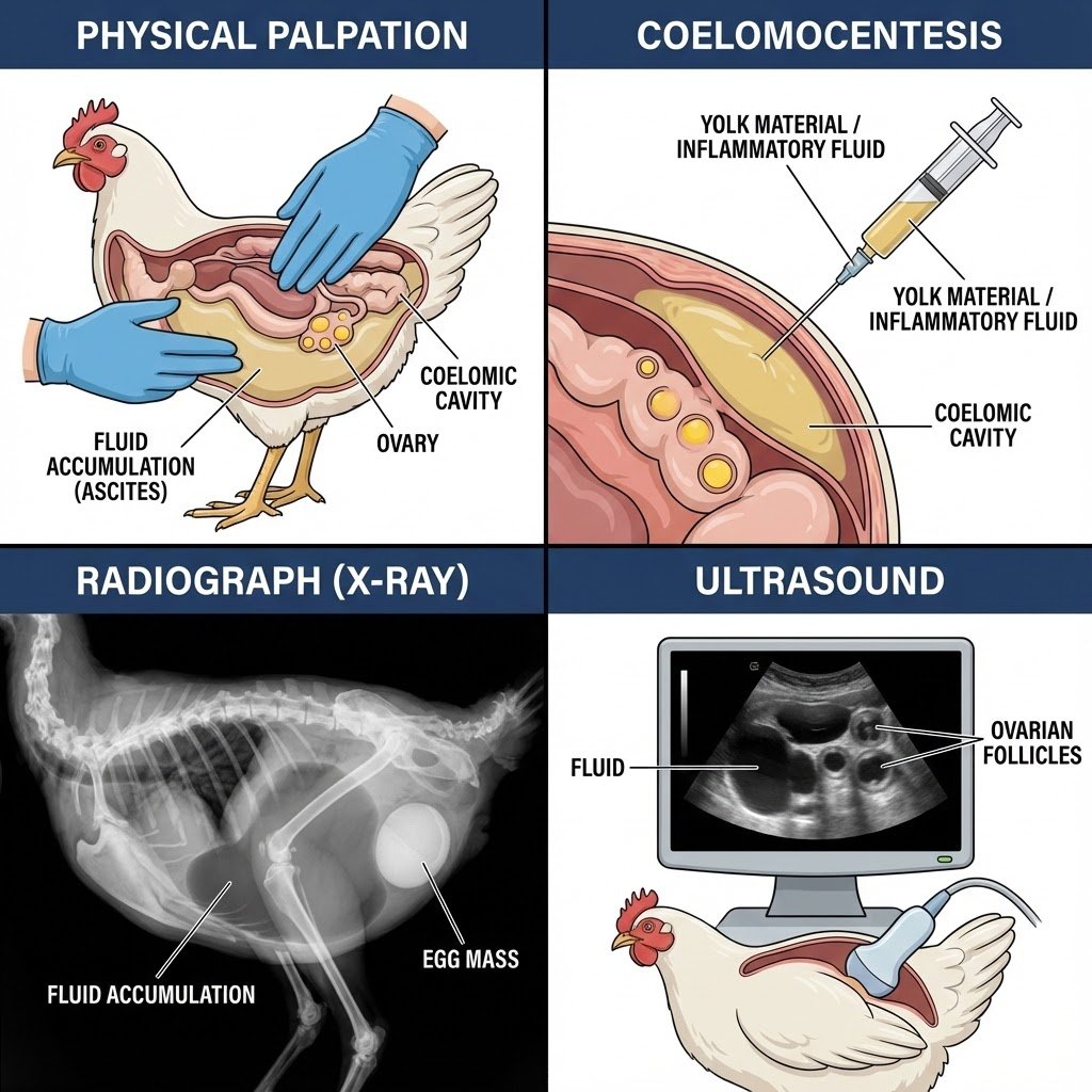 Medical illustration showing four diagnostic methods for egg yolk peritonitis: physical palpation, coelomocentesis fluid extraction, X-ray radiograph showing eggs in abdomen, and ultrasound imaging of reproductive organs
