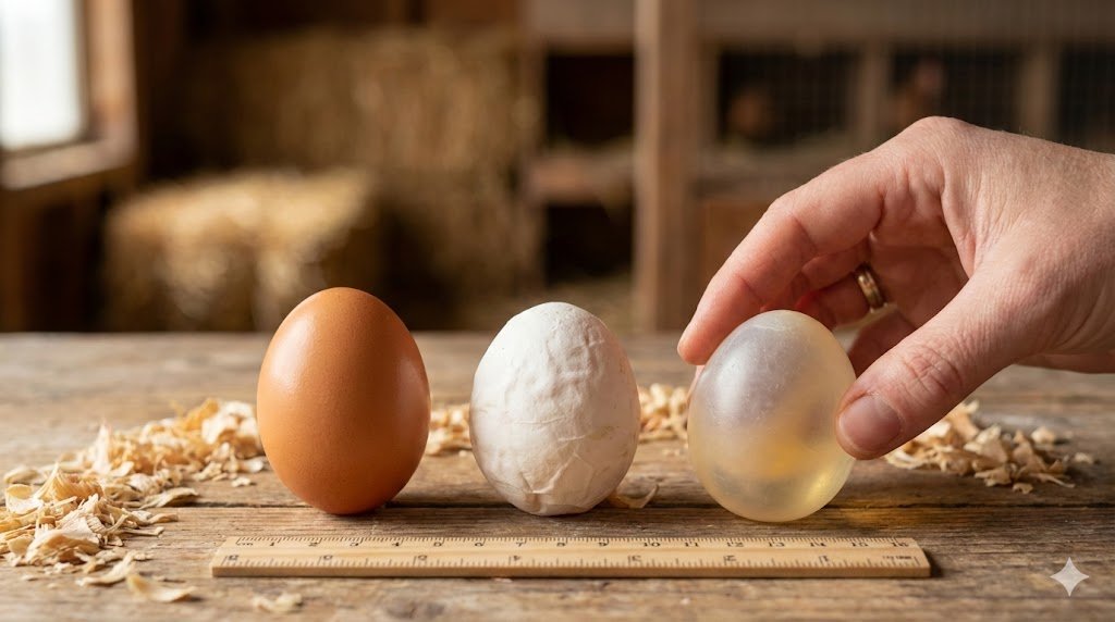 Side-by-side comparison of three chicken eggs on wooden surface showing normal hard-shelled egg, soft flexible shell egg, and completely shell-less membrane-only egg held in hand