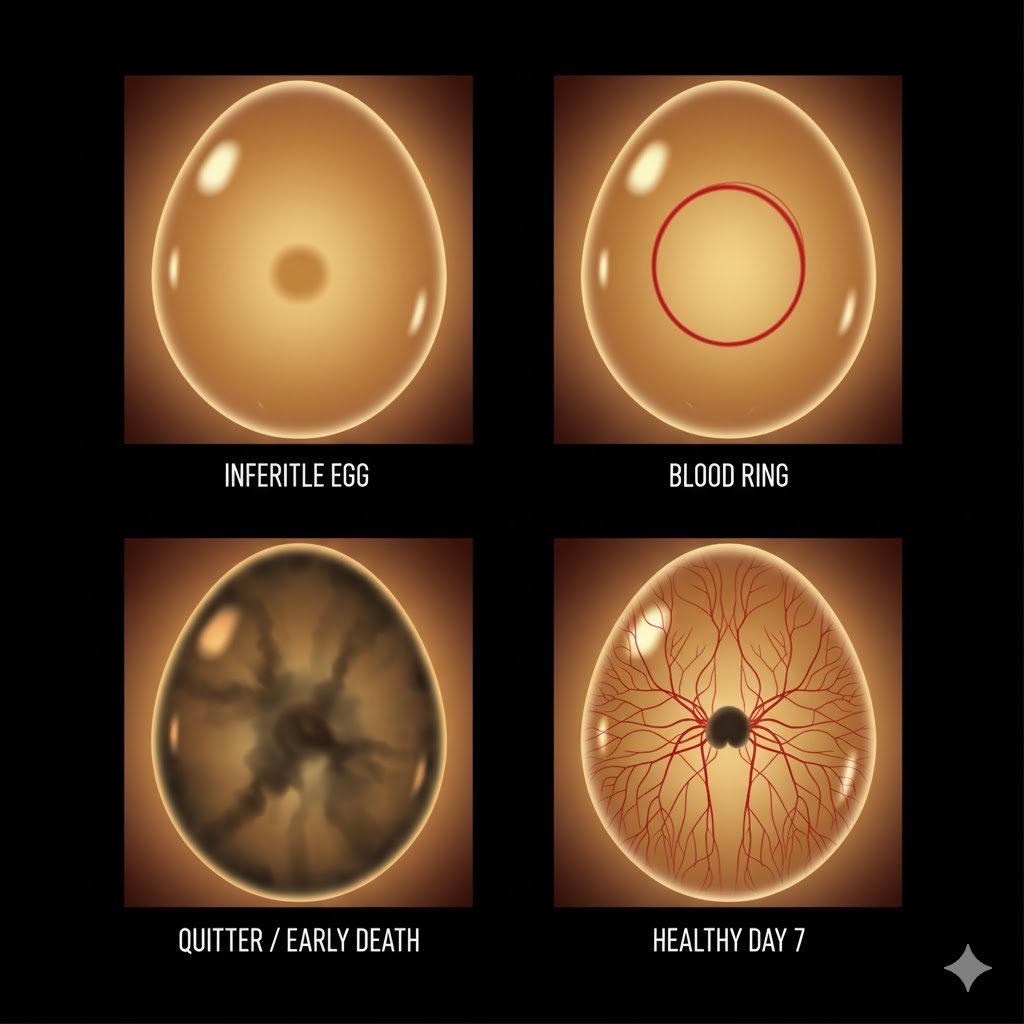 Four-panel comparison illustration showing candled chicken eggs at day 7: first panel shows clear infertile egg with only yolk shadow, second shows blood ring with red circle and no veins, third shows early death with cloudy contents, fourth shows healthy fertile egg with spider-like blood vessels for comparison.