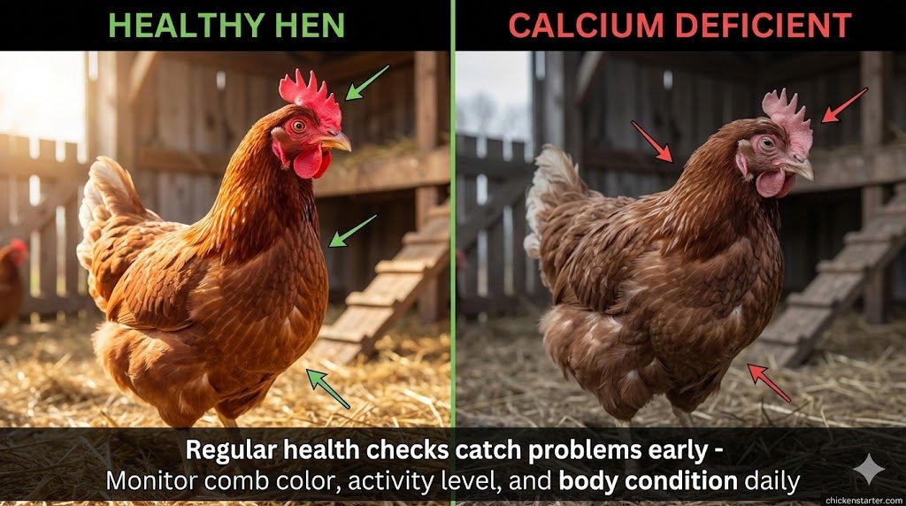 Side by side comparison photos of healthy chicken with bright red comb versus calcium deficient hen showing pale comb droopy posture and lethargy indicating nutritional deficiency affecting egg production